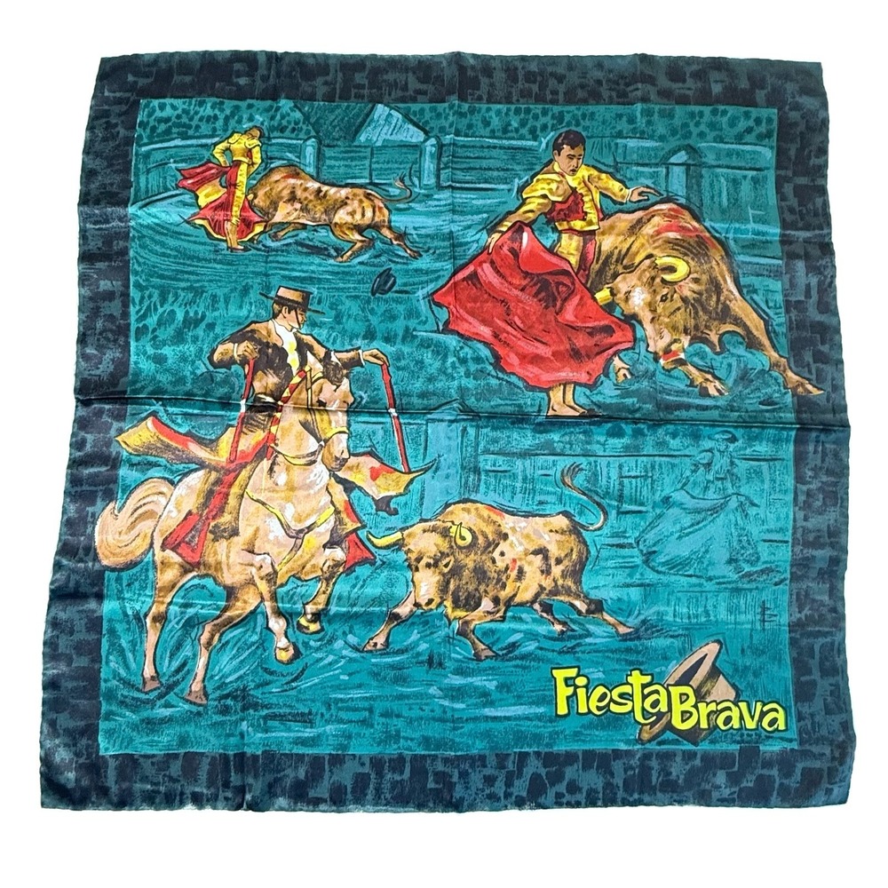 Fiesta Brava Bullfighting Scarf 30x30 Square Satin Feel Matador Toro Spanish Art